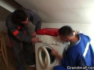 Two Repairmen Bang Busty Grandma From Both Ends