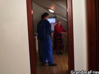 Two Repairmen Fuck Busty Grandma From Both Ends